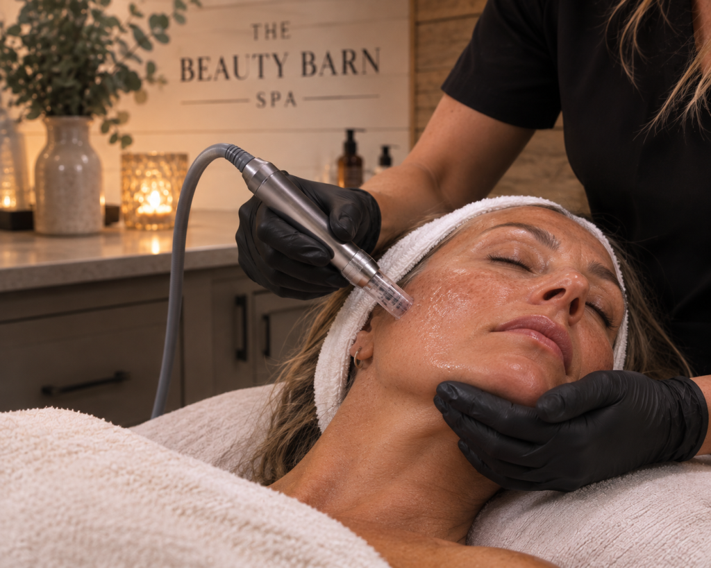 Professional microneedling facial treatment at The Beauty Barn Spa in Brantford Ontario using a professional Dermaroller device.